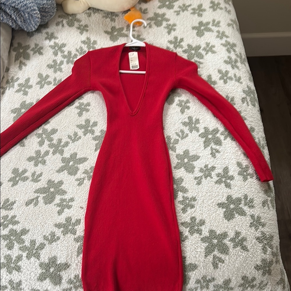 Red V-Neck Knit Dress